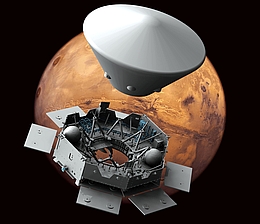 Das Carrier genannte Trägermodul von OHB (im Bild unten) sorgt bei der zweiten Mission des ExoMars-Programms für den sicheren Transport des Landers (Descent and Landing Module) und des Rovers zum Mars.
(Bild: OHB)