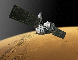 ExoMars-TGO über dem roten Planeten - das runde Element rechts an der Sonde ist die Halterung des Landedemonstrators, der bereits abgestoßen wurde
(Bild: ESA)