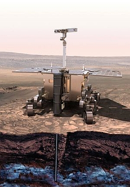 So soll es mal aussehen - der ExoMars-Rover bei Bohrarbeiten auf dem Mars
(Bild: ESA)