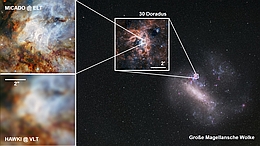 Die Große Magellansche Wolke ist unsere nächste Nachbargalaxie im Universum, die mit der 30 Doradus Region eines der größten bekannten Sternentstehungsgebiete beherbergt. MICADO am ELT wird um einen Faktor 25 schärfere Bilder liefern und um einen Faktor 100 schwächere Objekte detektieren als die derzeit größten Teleskope (8.2m ESO Very Large Telescope mit HAWKI Instrument) (Bild: ESO, Institut für Astrophysik der Universität Wien / K. Leschinski).