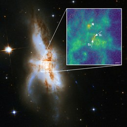 Die irreguläre Galaxie NGC 6240. Neue Beobachtungen zeigen, dass sie nicht zwei, sondern drei supermassereiche Schwarze Löcher in ihrem Kern beherbergt. Das nördliche Schwarze Loch (N) ist aktiv und war zuvor bekannt. Das vergrößerte neue Bild mit hoher räumlicher Auflösung zeigt, dass die südliche Komponente aus zwei supermassereichen Schwarzen Löchern (S1 und S2) besteht. Die grüne Farbe gibt die Verteilung des Gases an, das durch die Strahlung um die Schwarzen Löcher ionisiert wird. Die roten Linien zeigen die Konturen des Sternenlichts aus der Galaxie und die Länge des weißen Balkens entspricht 1000 Lichtjahren.
(Bild: P. Weilbacher (AIP), NASA, ESA, the Hubble Heritage (STScI/AURA)-ESA/Hubble Collaboration, und A. Evans (University of Virginia, Charlottesville/NRAO/Stony Brook University))