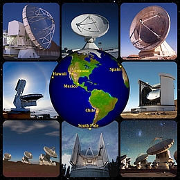 Weltweites Netz: Acht Radioteleskope an sechs Standorten waren an den Messungen im Rahmen des Event Horizon Telescope beteiligt.
(Bild: APEX, IRAM, G. Narayanan, J. McMahon, JCMT/JAC, S. Hostler, D. Harvey, ESO/C. Malin)