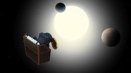 Künstlerische Darstellung von CHEOPS und einem Exoplanetensystem.
(Bild: ESA / ATG medialab)