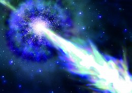 Künstlerische Darstellung eines Gammablitzes mit Jet (Bild: ICRR UTokyo/Naho Wakabayashi)