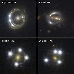 Jede dieser Momentaufnahmen des Hubble-Weltraumteleskops zeigt vier verzerrte Bilder eines Hintergrund-Quasars, die den zentralen Kern einer massereichen Galaxie im Vordergrund umgeben. Die Mehrfachbilder des Quasars werden durch die Schwerkraft der Vordergrundgalaxie erzeugt, die wie eine Linse wirkt, indem sie das Licht des Quasars aufgrund des sogenannten Gravitationslinseneffekts verzerrt. Quasare sind extrem weit entfernte, helle kosmische Objekte, die von aktiven schwarzen Löchern angetrieben werden. Die Lichtstrahlen von jedem der vier abgelenkten Quasarbilder nehmen einen leicht unterschiedlichen Weg durch das All, um die Erde zu erreichen. Die Astronomen machen sich das Flackern im Licht des Quasars zunutze, wenn sein Schwarzes Loch Materie verschlingt, was es ihnen erlaubt, die Zeitverzögerungen zwischen den einzelnen Quasarabbildungen zu messen. Diese Zeitverzögerungsmessungen helfen den Astronomen die Hubble-Konstante zu berechnen, ein Wert dafür, wie schnell das Universum wächst. (Bild: NASA, ESA, S.H. Suyu, and K.C. Wong)