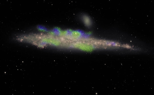 Die Spiralgalaxie NGC 4631 ist von der Kante aus sichtbar. Die Galaxienscheibe mit einer Vielzahl von Sternen ist in Rosa dargestellt. Die Struktur des Magnetfelds, veranschaulicht durch haarähnliche Linien in Blau und in Grün, erstreckt sich über die Scheibe hinaus in den ausgedehnten Halo der Galaxie. In grünen Bereichen zeigt das Magnetfeld auf den Betrachter zu, in den blauen Bereichen von ihn weg. Dieser wiederholte großräumige Wechsel der Magnetfeldrichtung ist noch nie zuvor im Halo einer Galaxie beobachtet worden. Kompositbild, erstellt von Jayanne English (Univ. Manitoba, Kanada). Radiodaten: Jansky-VLA (Silvia Carolina Mora-Partiarroyo et al. 2019). Optische Daten: Mayall 4-Meter-Teleskop (Maria Patterson und Rene Walterbos, New Mexico State Univ., USA). Software-Programm zur Bestimmung der Magnetfeldlinien: Arpad Miskolczi (Ruhr-Univ. Bochum).