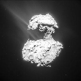 Gas und Staub steigen von «Churys» Oberfläche auf, während
sich der Komet dem sonnennächsten Punkt auf seiner
Umlaufbahn nähert.
(Bild: ESA/Rosetta/NAVCAM)