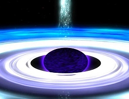 Computergrafik eines rotierenden Schwarzen Lochs. Die schwarze Kugel im Zentrum stellt den Ereignishorizont dar.
(Bild: NASA)