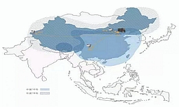 adressierte Empfangsgebiete von ChinaSat 16 (blau) und 18 (schraffiert)