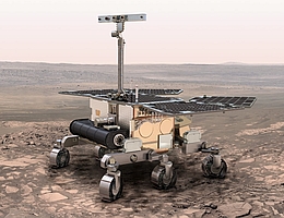 Eine künstlerische Darstellung des von der ESA zu betreibenden zukünftigen Marsrovers ExoMars.
(Bild: ESA)