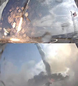 Oben: die Stufe im Anflug, Unten: die Stufe kippt nach der Landung um (Bild: Elon Musk Twitter)