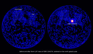 Der Gammastrahlenausbruch GRB 130427A ereignete sich am 27. April 2013 in der Grenzregion zwischen den Sternbildern Löwe (Leo) und Großer Bär (Ursa Major).
(Bild: NASA, DOE, Fermi LAT Collaboration)