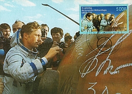 Fotopostkarte mit Sondermarke und Sonderstempel - Zum 10. Jahrestag des Weltraumflugs UdSSR - DDR
(Bild: Andreas Weise)