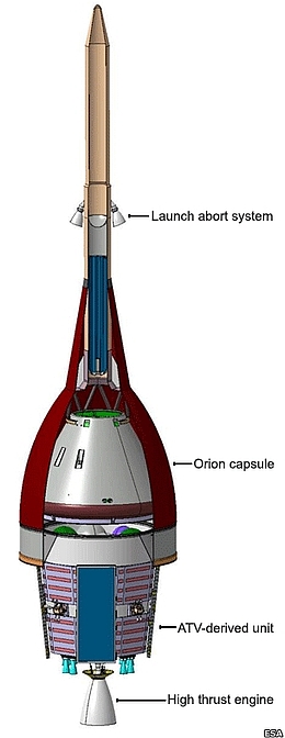 So kann die Kombination aus Orion-Kapsel und ATV-basiertem Versorgungsmodul aussehen.
(Bild: ESA)