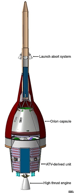 So kann die Kombination aus Orion-Kapsel und ATV-basiertem Versorgungsmodul aussehen. (Bild: ESA)