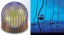 JUNO-Detektor (links), IceCube Detektor (rechts). (Bild: JUNO Collaboration/IceCube Collaboration)