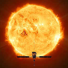 Künstlerische Darstellung von Solar Orbiter vor der Sonne. (Bild: ESA/ATG Medialab)