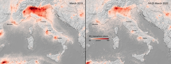 Stickstoffdioxid-Konzentrationen über Italien. (Bild: 
contains modified Copernicus Sentinel data (2019-20), processed by KNMI/ESA, CC BY-SA 3.0 IGO)