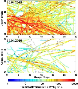 Fast 90 Prozent verringerter Treibstoffverbrauch durch Luftverkehr im oberen Luftraum über Europa am 16. April 2020 (unten) im Vergleich zur gleichen Zeit im Vorjahr (oben), berechnet aus EUROCONTROL-Daten. (Bild: DLR/EUROCONTROL)