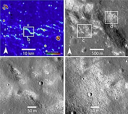 Bilder vom Mond: Infrarot- (oben links) und andere Bilder vom Lunar Reconnaissance Orbiter der NASA zeigten seltsame kahle Stellen, an denen der allgegenwärtige Mondstaub fehlt. Die Flecken deuten auf einen aktiven tektonischen Prozess hin.
(Bild: NASA)