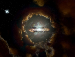 Künstlerische Darstellung der Wolfe-Scheibe, einer massereichen rotierenden Scheibengalaxie im frühen, staubigen Universum. Die Galaxie wurde ursprünglich entdeckt, als ALMA das Licht eines weiter entfernten Quasars (oben links) untersuchte.
(Bild: NRAO/AUI/NSF, S. Dagnello)