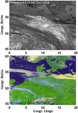 Im Bild der Strahlungstemperaturen im oberen Teil werden dünne Eiswolken als weiß-hellgraue Muster dargestellt. Dabei werden auch Kondensstreifen sichtbar: Weiße Streifen deuten auf dicke aber noch junge Kondensstreifen hin. Die älteren Kondensstreifen haben sich untereinander und mit anderen Wolken überlagert und sind nicht mehr als Streifen erkennbar. Das obere Bild zeigt dabei Strahlungstemperaturdifferenzen der 10.8 und 12 µm Kanäle des Wettersatelliten Meteosat Second Generation (MSG) mit Sensor SEVIRI am 16. April 2020 um 10:00 Uhr Weltzeit. Unten: Falschfarbenbild zusammengesetzt aus sichtbaren und infraroten Messdaten des MSG/SEVIRI-Instruments für die gleiche Szene. (Bild: EUMETSAT/DLR)