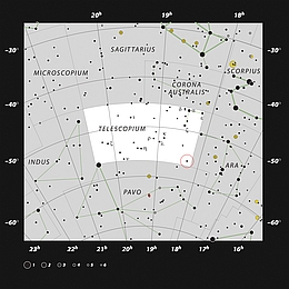 Diese Abbildung zeigt die Lage des Dreifachsystems HR 6819, das das erdnächste Schwarze Loch in der Konstellation Telescopium umfasst. Die Karte zeigt die meisten der Sterne, die unter guten Bedingungen mit dem bloßen Auge sichtbar sind, und das System selbst ist mit einem roten Kreis markiert. Während das Schwarze Loch unsichtbar ist, können die beiden Sterne in HR 6819 von der Südhalbkugel in einer dunklen, klaren Nacht ohne Fernglas oder Teleskop beobachtet werden. (Bild: ESO, IAU and Sky & Telescope)