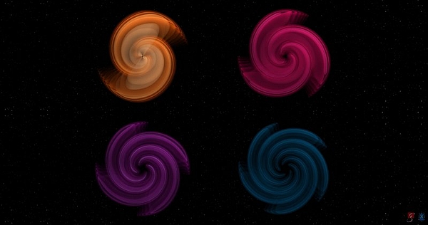Jedes dieser vier Bilder zeigt eine andere Mode (oder: einen anderen Oberton) des Gravitationswellensignals in einer anderen Farbe. Von links nach rechts und von oben nach unten zeigen die Bilder die quadrupolare (orange), oktupolare (magenta), hexadekupolare (violett) und 32-polare (blau) Mode.
(Bild: N. Fischer, S. Ossokine, H. Pfeiffer, A. Buonanno (Max-Planck-Institut für Gravitationsphysik), Simulating eXtreme Spacetimes (SXS) Collaboration)