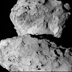 Diese Aufnahme des Kometen vom 7. August 2014 zeigt die Vielfalt der dortigen Oberflächenstrukturen. Während der Kopf des Kometen (obere Bildhälfte) von parallelen, linearen Strukturen überzogen ist, weist der Hals vereinzelte Gesteinsblöcke auf einem glatten Untergrund auf. Der Körper des Kometen (untere Bildhälfte) ist dagegen deutlich zerklüfteter.
(Bild: ESA, Rosetta, MPS for OSIRIS-Team MPS, UPD, LAM, IAA, SSO, INTA, UPM, DASP, IDA)