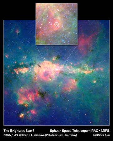 Vergrößerter Ausschnitt von WR102ka im Pfingstrosen-Nebel [Quelle: NASA / JPL-Caltech / J. Oskinova (Uni. Potsdam)]