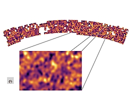 Die Materieverteilung machen die Forscherinnen und Forscher in solchen Karten sichtbar. Das graue Quadrat zeigt die Größe einer einzelnen aufgenommenen Karte, mit dem Mond darin als Größenvergleich. Die Gesamtkarte besteht aus mehr als 1.000 Bildern. Bereiche mit hoher Materiedichte sind gelb gezeigt, Bereiche mit niedriger Dichte pink.
(Bild: B. Giblin, K. Kuijken und das KiDS Team)