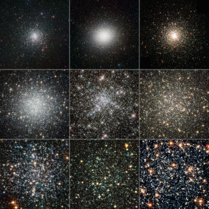 Bild: M 4: ESO, Omega Cen: ESO/INAF-VST/OmegaCAM, M 80: The Hubble Heritage Team (AURA/STScI/NASA/ESA), M 53: ESA/Hubble & NASA, NGC 6752: ESA/Hubble & NASA, M 13: NASA, ESA, and the Hubble Heritage Team(STScI/AURA), M 4: ESA/Hubble & NASA, NGC 288: ESA/Hubble & NASA, 47 Tuc: NASA, ESA, and G. Meylan (École Polytechnique Federale de Lausanne