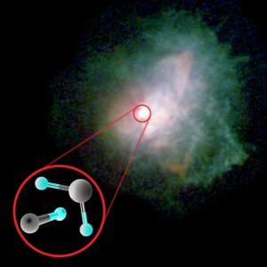 Molekülsymbole: CDMS/ T. Kamiński, Hintergrundbild: NASA, ESA, R. Humphreys (University of Minnesota)