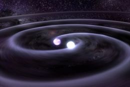 Umkreisen sich zwei Neutronensterne, entstehen dabei Gravitationswellen. Künstlerische Darstellung
(Bild: NASA)