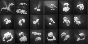 Seit ihrer Ankunft bei dem Kometen 67P/Tschurjumow-Gerassimenko dokumentiert die Raumsonde Rosetta neben diversen anderen Messungen auch dessen aufgrund der zunehmenden Annäherung an die Sonne immer weiter ansteigende Aktivität. Die hier gezeigten Aufnahmen wurden von der Navigationskamera der Raumsonde zwischen dem 31. Januar (oben links) und dem 25. März 2015 (unten rechts) angefertigt.
(Bild: ESA, Rosetta, NavCam - CC BY-SA IGO 3.0)