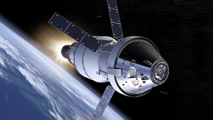 Orion wird von der SLS-Oberstufe in eine Mondumlaufbahn eingeschossen - Illustration.
(Bild: NASA)
