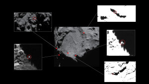 In der Umgebung der vermuteten Landestelle befinden sich mehrere helle Strukturen, bei denen es sich um Philae handeln könnte. Doch nur der 'helle Fleck' oben links in dieser Abbildung befindet sich wirklich in der unmittelbaren Nähe der berechneten Landeellipse. Die anderen 'Kandidaten' haben dagegen laut dem derzeitigen Wissensstand kaum Chancen darauf, den Kometenlander zu zeigen. Die in der Mitte zu sehende Abbildung stammt von der Navigationskamera der Raumsonde Rosetta und zeigt die Kometenoberfläche in einem größeren Kontext. Die fünf kleineren Aufnahmen stammen von der OSIRIS-Kamera.
(Bild: ESA, Rosetta, NAVCAM; Detailaufnahmen: ESA, Rosetta, MPS for OSIRIS-Team MPS, UPD, LAM, IAA, SSO, INTA, UPM, DASP, IDA)