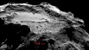 Dank der Messungen des CONSERT-Experiments, welches sowohl auf dem Lander Philae als auch auf dem Orbiter Rosetta installiert ist, wurde der Standort von Philae auf dem Kometen 67P jetzt auf eine Ellipse mit einer Ausdehnung von etwa 16 x 160 Metern eingegrenzt. Diese ist hier rot markiert.
(Bild: Landeellipse: ESA, Rosetta, Philae, CONSERT; Kometenfoto: ESA, Rosetta, MPS for OSIRIS-Team MPS, UPD, LAM, IAA, SSO, INTA, UPM, DASP, IDA)