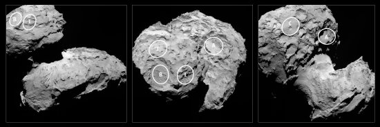 Aus ursprünglich zehn möglichen Landeplätze, benannt mit den Buchstaben "A" bis "J", wählten die für die für die Landeplatzauswahl verantwortlichen Wissenschaftler und Flugingenieure der ESA fünf mögliche Landestellen auf dem Kometen 67P/Tschurjumow-Gerasimenko, der sich aus einem kleineren 'Kopf', einem größeren 'Körper' und einem schmalen, aber anscheinend sehr aktiven 'Hals' zusammensetzt. Drei der möglichen Landestellen ("B", "I" und "J") befinden sich auf dem 'Kopf', die beiden anderen Stellen liegen dagegen auf dem 'Körper'.
(Bild: ESA, Rosetta, MPS for OSIRIS-Team MPS, UPD, LAM, IAA, SSO, INTA, UPM, DASP, IDA)
