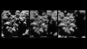 In diesem Vergleich von drei Aufnahmen der OSIRIS-Kamera sind helle Flecken erkennbar, bei denen es sich um den gesuchten Kometenlander Philae handeln könnte. Die erste Aufnahme (links) zeigt das Gebiet am 22. Oktober 2014 und somit noch vor der Landung. Die zweite Aufnahme (Mitte) vom 12. Dezember 2014 sowie die dritte Aufnahme (rechts) vom 13. Dezember 2014 zeigen im Unterschied zu der ersten Aufnahme eine mehrere Pixel umfassende helle Struktur. Um mit den 'Vorher'-Aufnahmen vergleichbar zu sein, wurden die 'Nachher'-Aufnahmen bearbeitet und interpoliert. Dadurch überdeckt der zu erkennende helle Fleck in den Dezember-Darstellungen mehr Pixel als in den Originalbildern. Obwohl sich diese mögliche Landestelle etwas außerhalb der berechneten Lande-Ellipse befindet, stellt sie doch den bisher besten Kandidaten für eine erfolgreiche Abbildung von Philae dar.
(Bild: ESA, Rosetta, MPS for OSIRIS-Team MPS, UPD, LAM, IAA, SSO, INTA, UPM, DASP, IDA)