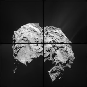 Lediglich sieben Stunden nach dem am 28. März 2015 in einer Entfernung von 14 Kilometern erfolgten Überflug über den Kometen 67P fertigte die Navigationskamera von Rosetta diese Aufnahmen an, welche den Kern des Kometen aus einer Entfernung von 31,3 Kilometern zeigen. Die dabei erreichte Auflösung liegt bei 2,7 Metern pro Pixel. Die entsprechenden Einzelaufnahmen finden Sie auf dieser Internetseite der ESA.
(Bild: ESA, Rosetta, NavCam - CC BY-SA IGO 3.0)