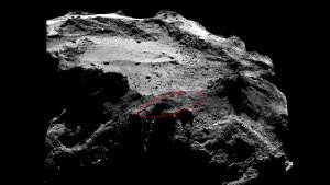 Diese Aufnahme wurde von der OSIRIS-Kamera am 13. Dezember 2014 angefertigt. Die eingezeichnete Ellipse markiert das wahrscheinliche Landegebiet von Philae, dessen exakter Standort immer noch nicht ermittelt werden konnte. Der Orbiter befand sich dabei einer Entfernung von 20 Kilometern über dem finalen Landegebiet von Philae. Der Lander würde aus dieser Entfernung lediglich etwa drei Pixel breit erscheinen.
(Bild: ESA, Rosetta, MPS for OSIRIS-Team MPS, UPD, LAM, IAA, SSO, INTA, UPM, DASP, IDA)