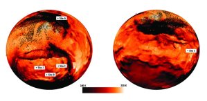 Die Oberfläche des Kometen ist hier - abweichend von den realen Gegebenheiten - als Sphäre dargestellt, auf die dann die von VIRTIS ermittelten Temperaturdaten übertragen wurden. Diese Temperaturen bewegen sich in einem Bereich zwischen 180 Kelvin (-93 Grad Celsius) bis hin zu maximal 230 Kelvin (-43 Grad Celsius). Zusätzlich zeigen die fünf Buchstaben die Orte, welche bisher als die Landeplatzkandidaten für den Kometenlander Philae gelten (Raumfahrer.net berichtete).
(Bild: ESA, Rosetta, VIRTIS, INAF-IAPS, OBS DE PARIS-LESIA, DLR)