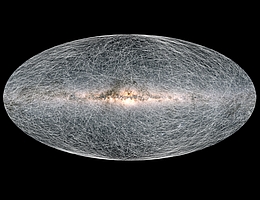 Die aus Gaia-Beobachtungen berechnete Bewegung von 40 000 Sternen über den Himmel im Laufe der nächsten 400 000 Jahre, wobei jede Spur die Bewegung eines Sterns darstellt. (Bild: ESA/Gaia/DPAC)