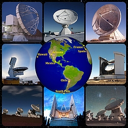 Die acht Radioteleskope, die bei den Beobachtungen mit dem Event-Horizon-Teleskop im April 2017 zum Einsatz kamen (im Uhrzeigersinn von oben links): APEX, Pico Veleta, LMT, JCMT, ALMA, SMT (Heinrich-Hertz-Teleskop), SMA, SPT. (Bild: APEX, IRAM, G. Narayanan, J. McMahon, JCMT/JAC, S. Hostler, D. Harvey, ESO/C. Malin)