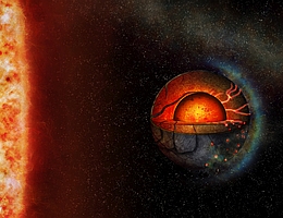 Diese künstlerische Illustration stellt die mögliche innere Dynamik des Exoplaneten LHS 3844b, einer sogenannten Super-Erde, dar. Die inneren Eigenschaften des Planeten und die starke Einstrahlung seines Wirtssterns könnten zu einer hemisphärischen Tektonik führen. (Bild: Universität Bern / Thibaut Roger)