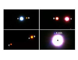 Farbkompositbilder von Sternsystemen mit Exoplaneten, die im Rahmen der durchgeführten Studie entdeckt und deren Eigenschaften charakterisiert werden konnten. Die Bilder zeigen Planetenmuttersterne zusammen mit ihren detektierten stellaren Begleitern (mit Buchstaben markiert). Die Exoplaneten kreisen jeweils sehr eng um ihren Mutterstern, sind hier also nicht abgebildet. Neben Sternsystemen, in denen die Planetenmuttersterne die hellen Primärkomponenten sind und massearme rötlich leuchtende Zwergsterne als Begleiter besitzen (Bild oben links), wurden auch Sternsysteme mit Planeten detektiert, in denen die Muttersterne die masseärmeren und leuchtschwächeren Sekundärkomponenten sind (Bild oben rechts). Des Weiteren wurden in der Studie zahlreiche Dreifachsternsysteme mit Exoplaneten gefunden (Bild unten links). Zudem wurden auch mehrere weit entwickelte Sternsysteme mit Exoplaneten entdeckt (Bild unten rechts), in denen sich bereits ihre ursprünglichen Primärkomponenten zu Weißen Zwergen (WZ) entwickelt haben. (Collage: Markus Mugrauer)