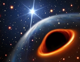 Eine künstlerische Darstellung des Pulsar-Doppelsternsystems unter der Annahme, dass der massereiche Begleitstern ein Schwarzes Loch ist. Der hellste Hintergrundstern im Bild stellt den Radiopulsar PSR J0514-4002E dar. Die beiden Sterne sind 8 Millionen km voneinander entfernt und umkreisen sich alle 7 Tage. (Bild: MPIfR; Daniëlle Futselaar (artsource.nl))