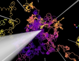 Die bunten Linien zeigen, wie kosmische Strahlung in Magnetfeldern abgelenkt wird. Die weißen geraden Linien repräsentieren ein großskaliges Magnetfeld. Zusätzlich wirken hier nicht dargestellte kleinskalige Magnetfelder auf die Bahnen der Teilchen (bunte Linien) ein. (Grafik: RUB, Dr. Lukas Merten)