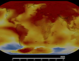 Diese Karte der Erde im Jahr 2023 zeigt Anomalien der globalen Oberflächentemperatur, d. h. wie viel wärmer oder kälter die einzelnen Regionen des Planeten im Vergleich zum Durchschnitt der Jahre 1951 bis 1980 waren. Normale Temperaturen sind in Weiß dargestellt, überdurchschnittliche Temperaturen in Rot und Orange und unterdurchschnittliche Temperaturen in Blau. Eine animierte Version dieser Karte zeigt, wie sich die globalen Temperaturanomalien im Laufe der Zeit seit 1880 verändern. (Bild: Wissenschaftliches Visualisierungsstudio der NASA)